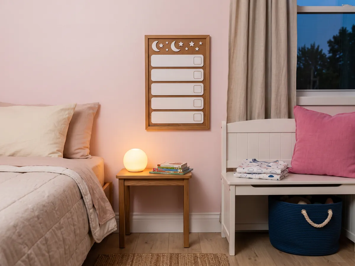 Kids bedtime corner with blank routine chart, folded pajamas and nightlight glow