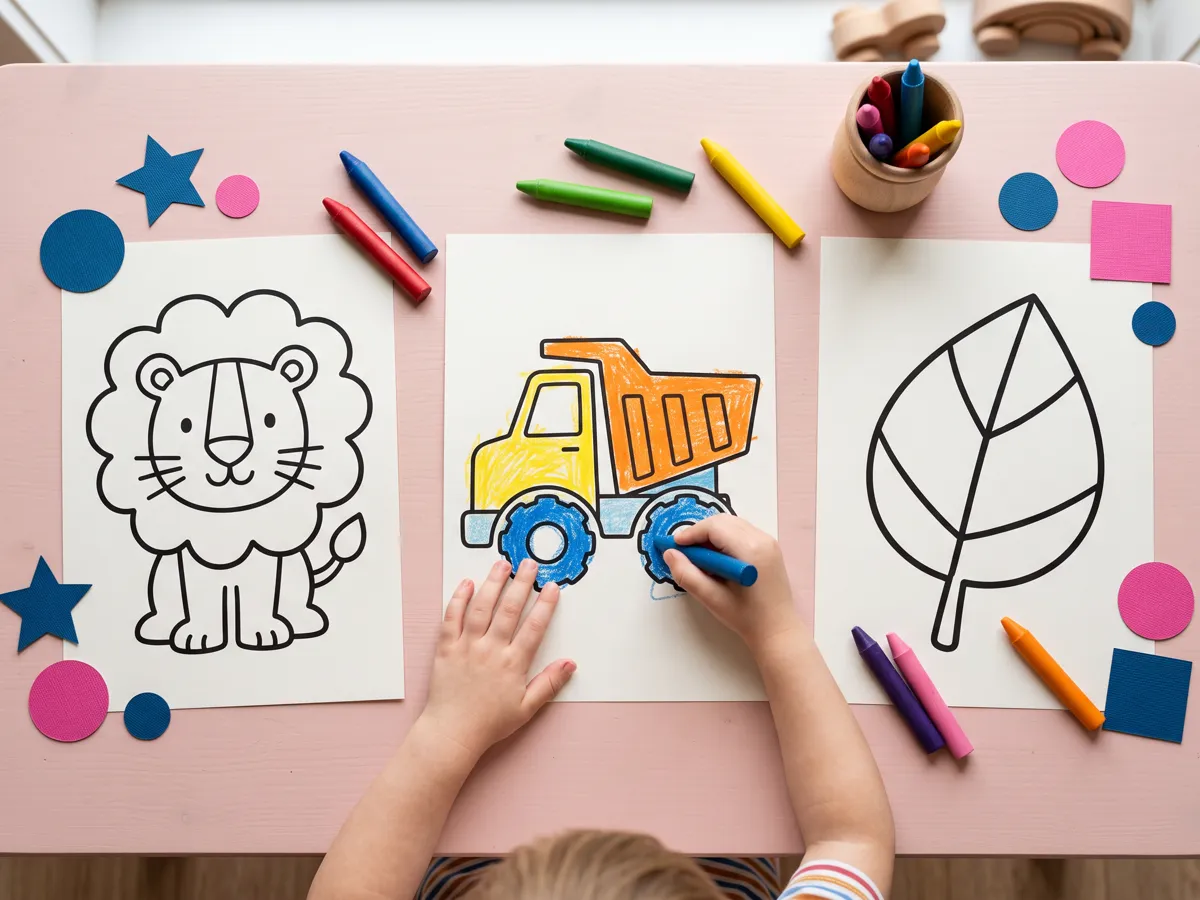 Kids coloring sheets with chunky animal, vehicle and leaf outlines, one half-colored, with crayons