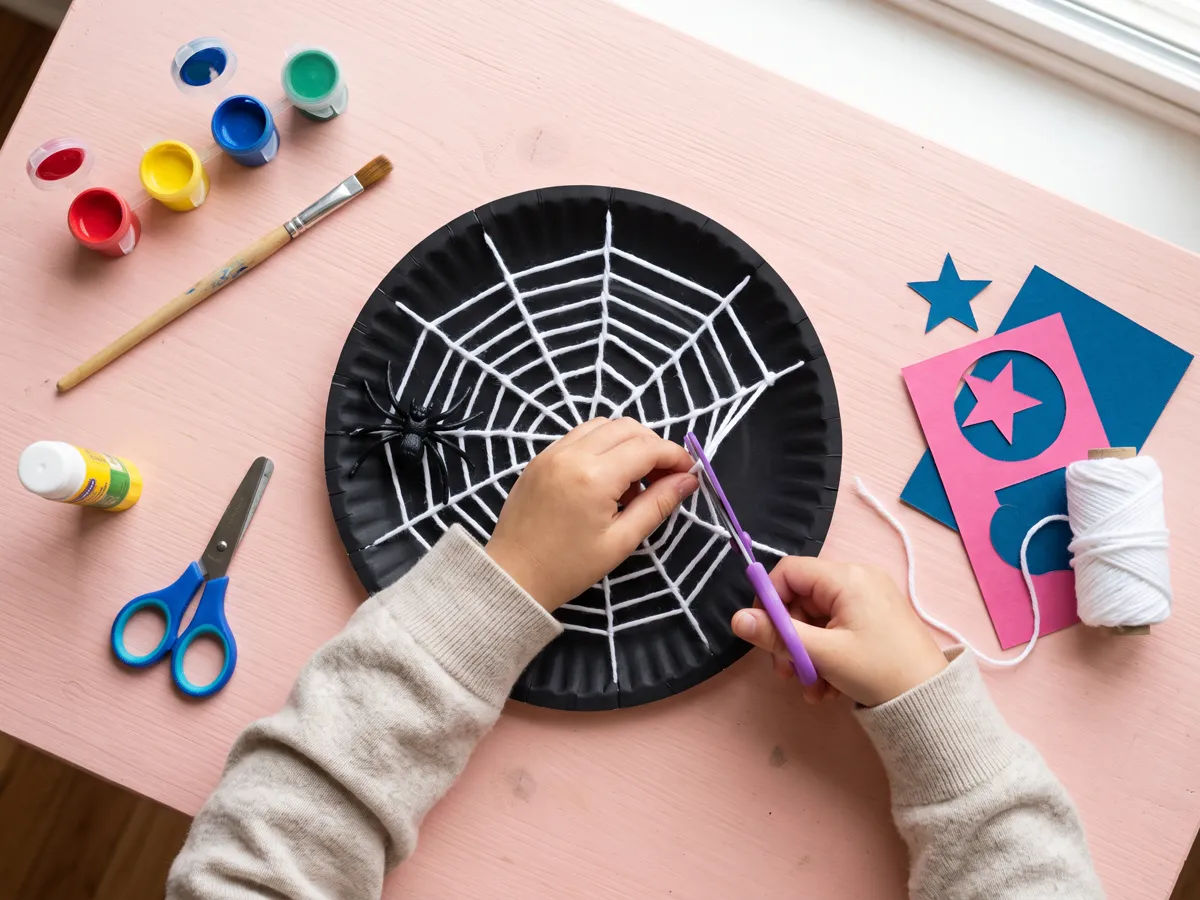 Yarn spider web craft in progress on a black paper plate with paint pots and safety scissors