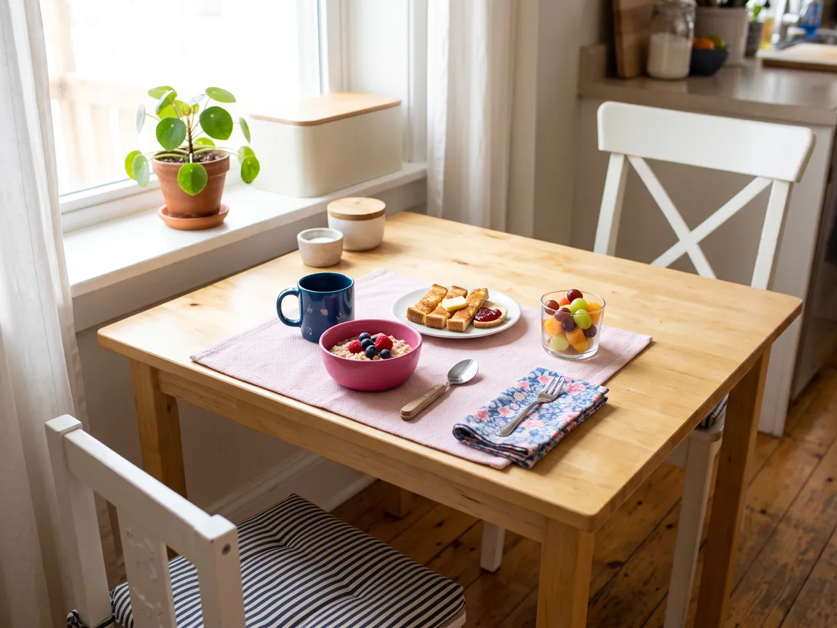 Small kids table with breakfast bowls, toast fingers and fruit cup on a pink placemat
