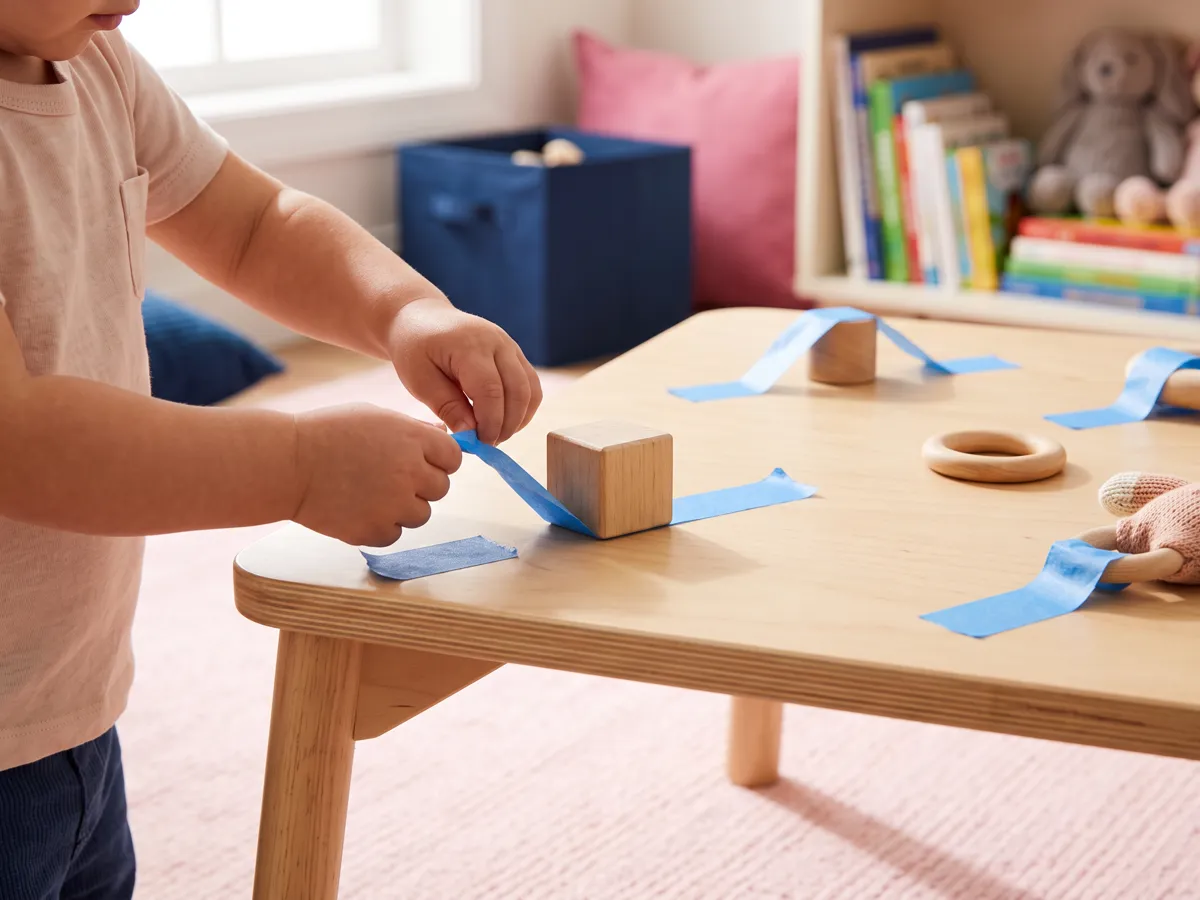 Toddler hands peeling painter tape to free small toys on a low table