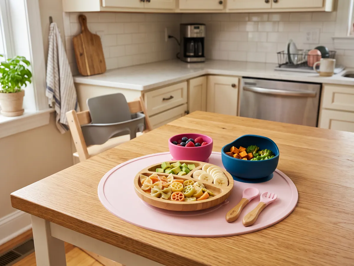 Toddler meal with soft veggie pieces, pasta and fruit cut in safe sizes on a small plate