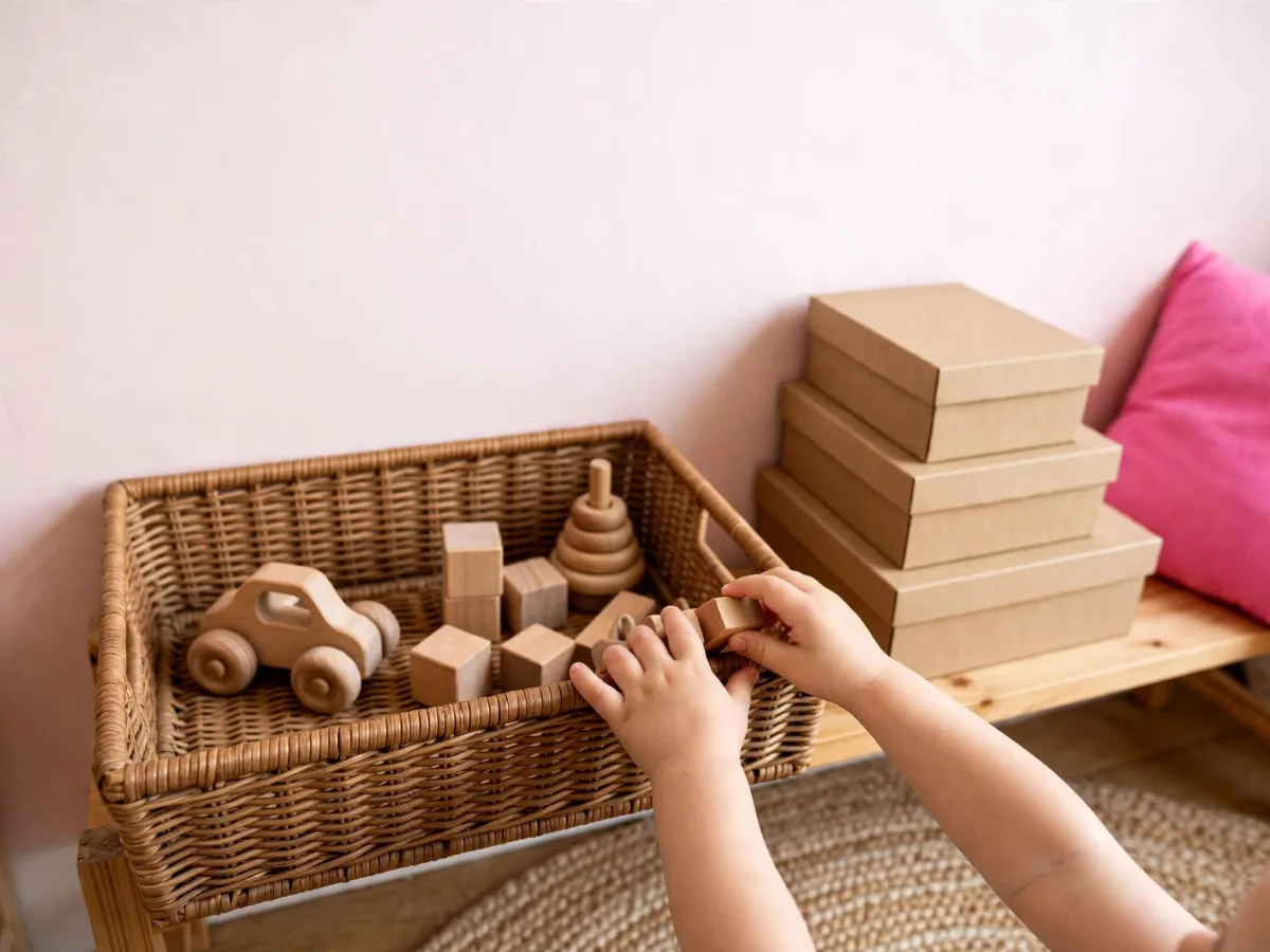 Low wooden shelf at child height with one open bin of wooden toys and stacked rotation boxes