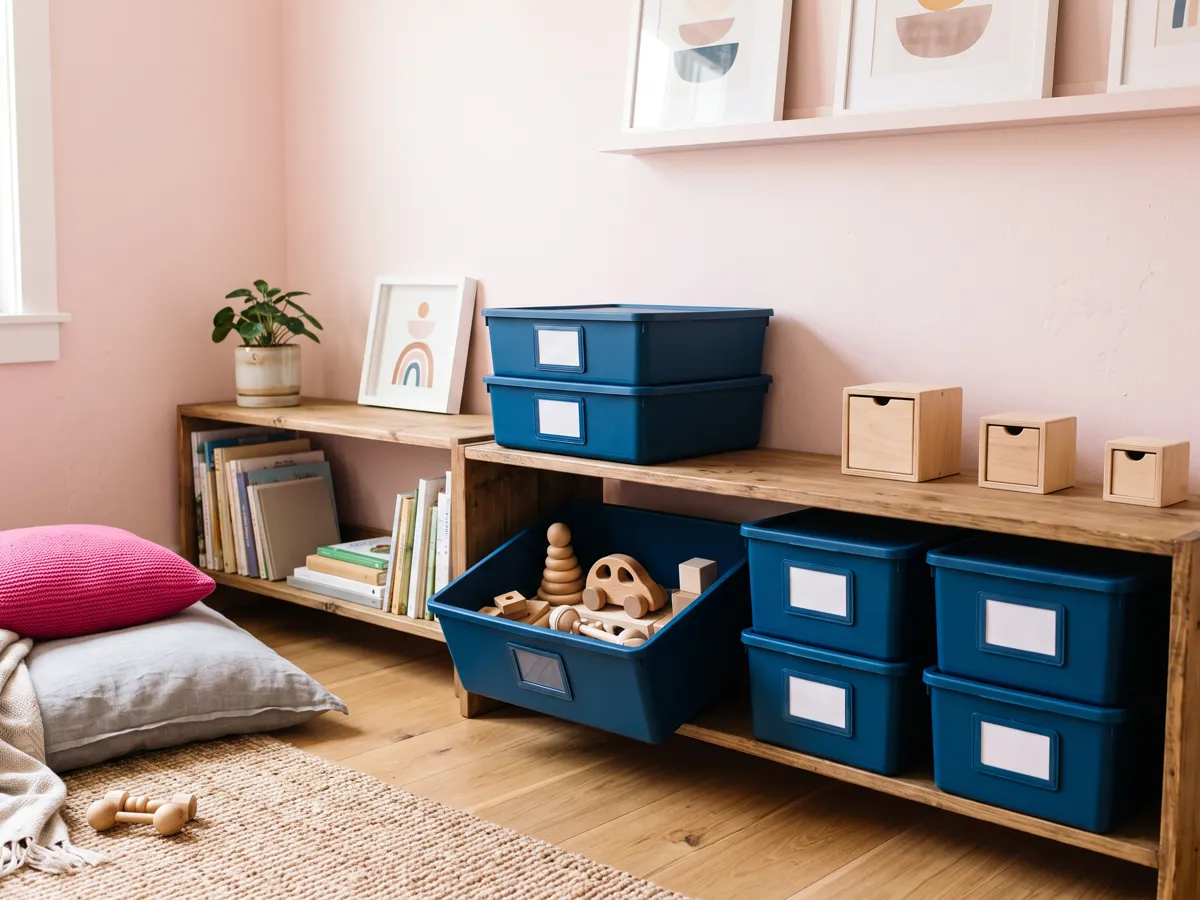 Labeled toy storage bins on a low shelf with a small rotation box beside them