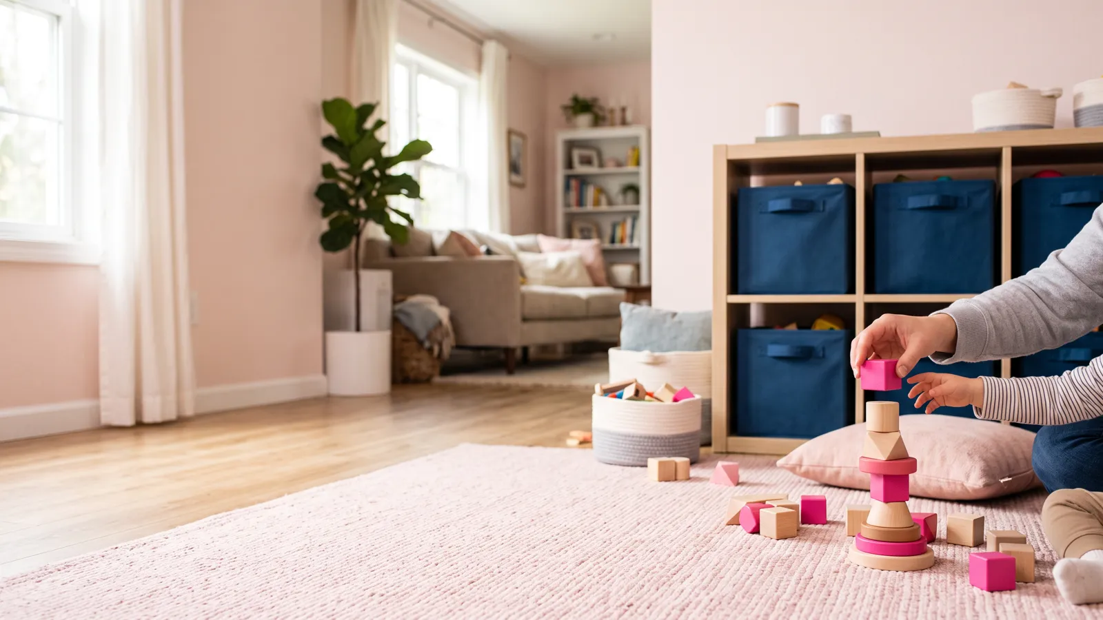 Bright play corner with wooden blocks, navy bins and parent and toddler hands stacking