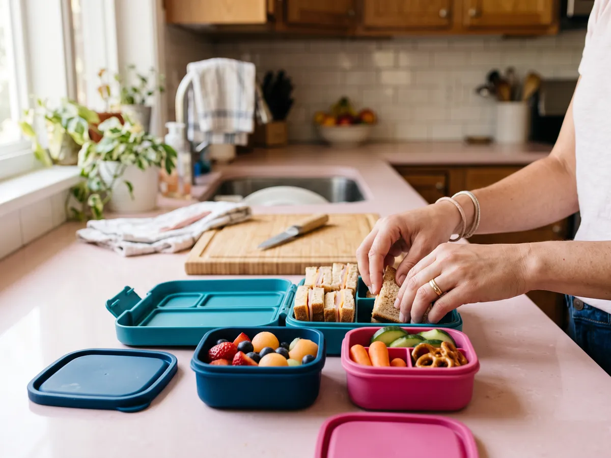 Kids lunchbox with fruit and bento boxes on bright kitchen counter