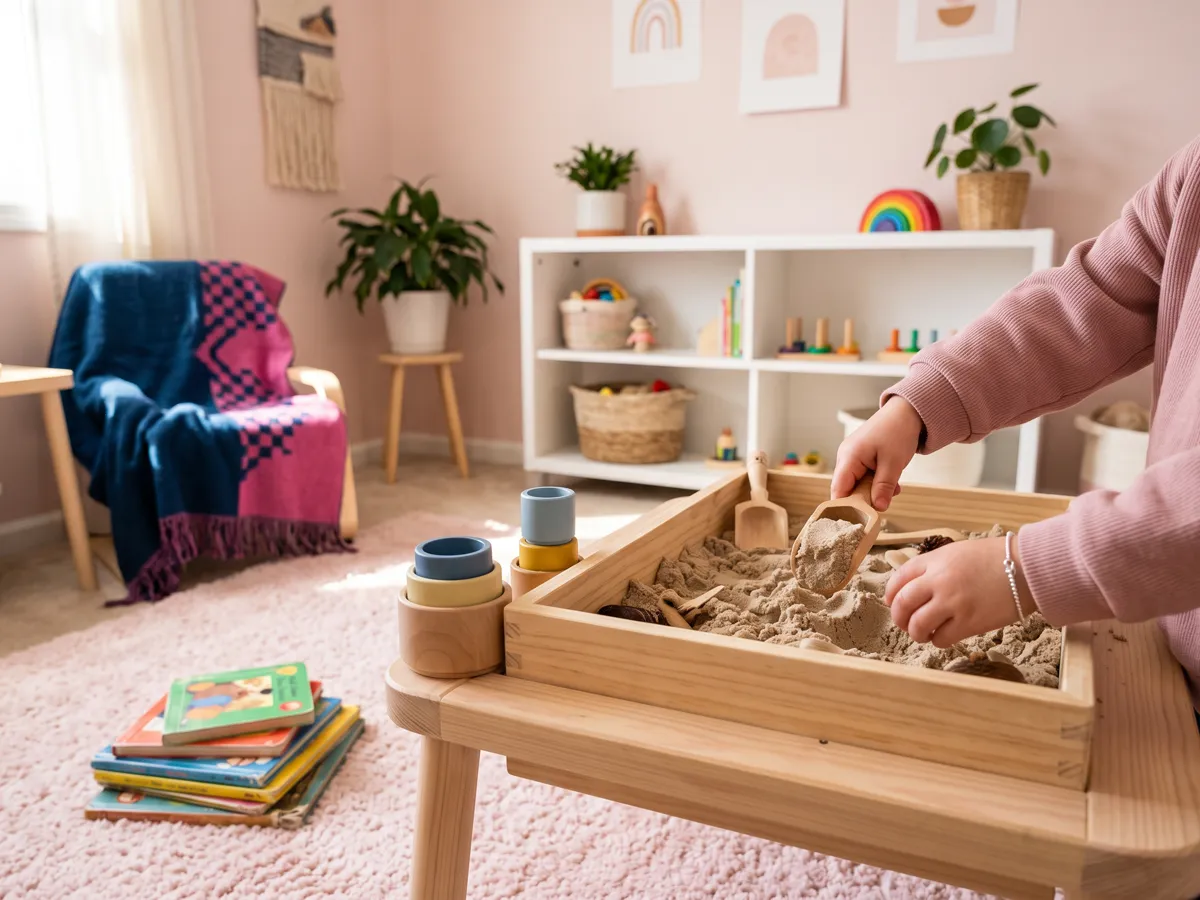 Toddler sensory play with sand tray and stacking cups on low table