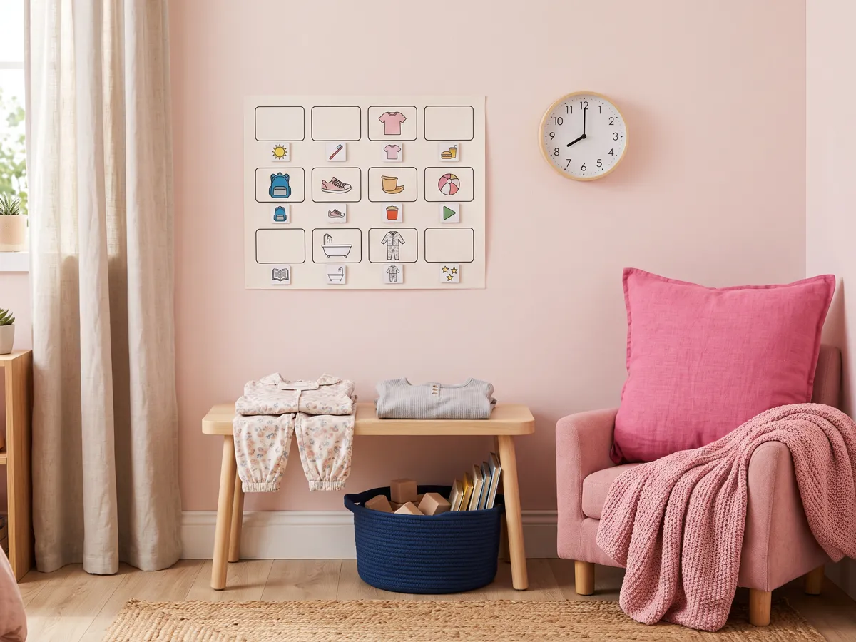 Kids bedtime routine chart wall with calm corner cushion and pajamas